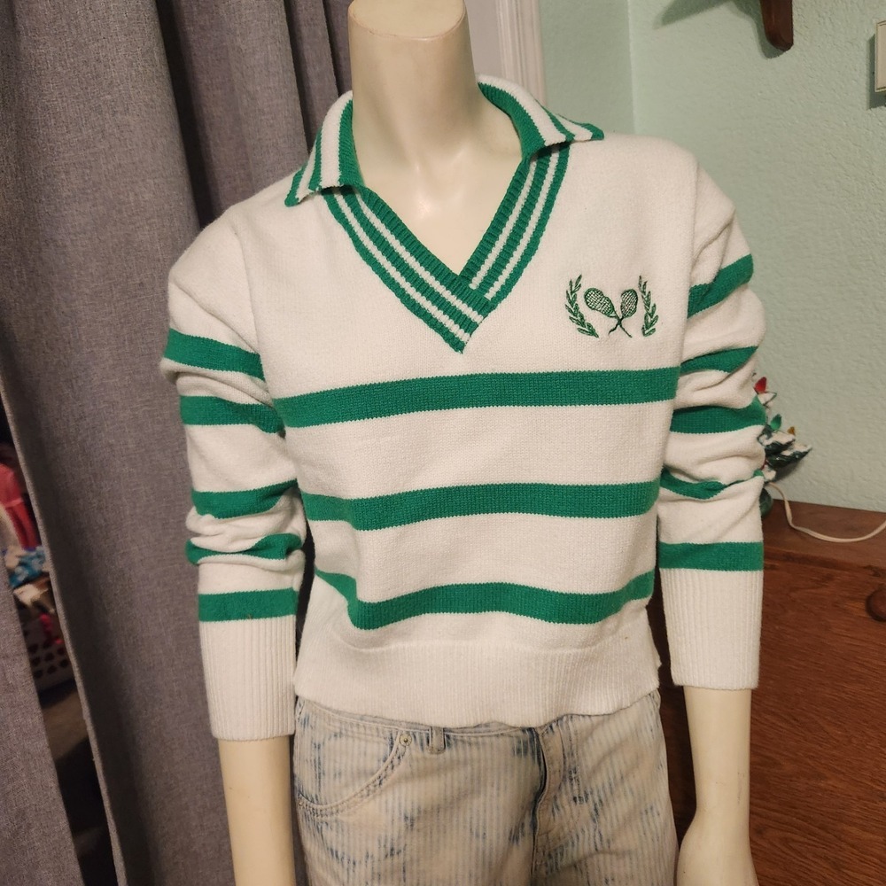 Luna Ivy Anthropologie White Green Striped Cropped Pullover Sweater Tennis Sz M